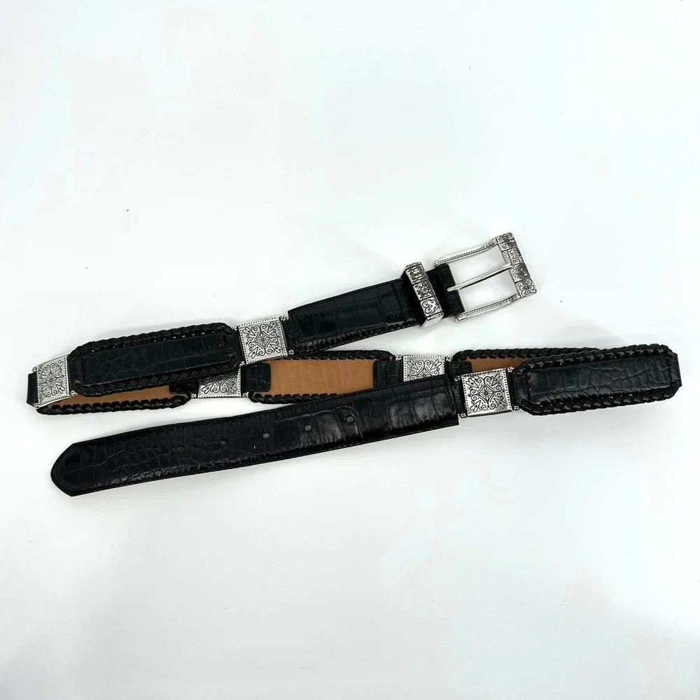 Vtg Brighton Black Leather Croc Embossed Braided Western Belt Heart Buckle XL 36